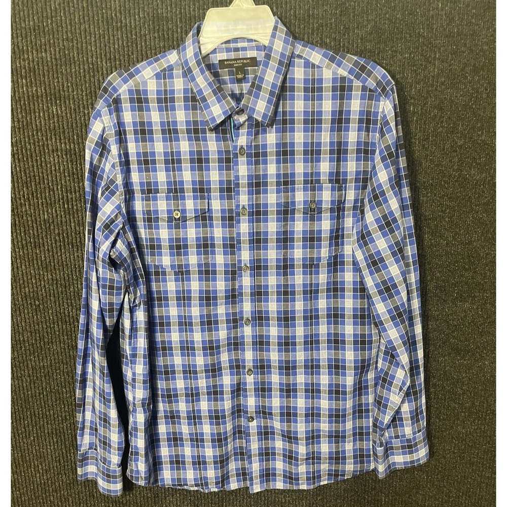 Banana Republic Shirt Men Large Blue Plaid Button Down‎ Long Sleeve Slim Fit L